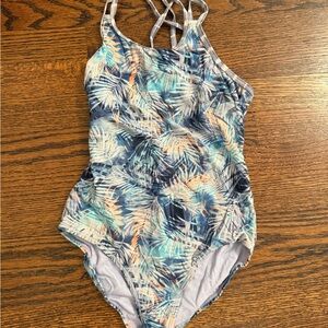 Athleta Girls One-Piece Swimsuit in Blue and Peach Palm Print